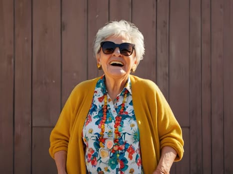 Funny happy old woman with sunglasses