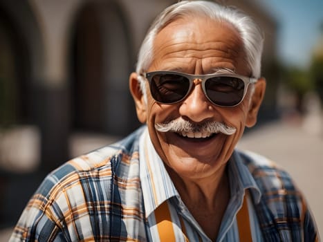 Funny happy old man with sunglasses