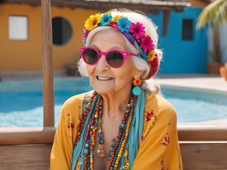 Funny happy old woman with sunglasses
