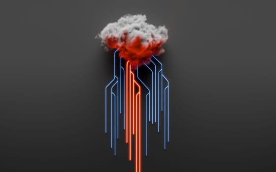 Cloud computing concept, computer network and cybersecurity. Digital 3D render. No AI.