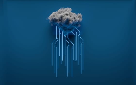 Cloud computing concept, computer network and cybersecurity. Digital 3D render. No AI.