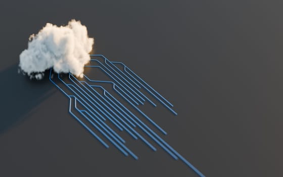 Cloud computing concept, computer network and cybersecurity. Digital 3D render. No AI.