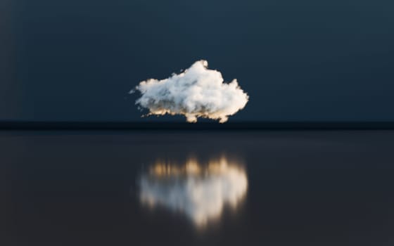 Hanging cloud on blue background with negative space. Digital 3D render, no AI.