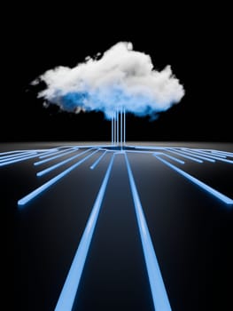 Cloud computing concept, computer network and cybersecurity. Digital 3D render. No AI.