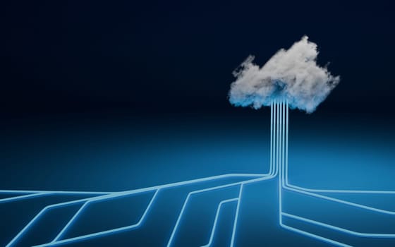 Cloud computing concept, computer network and cybersecurity. Digital 3D render. No AI.