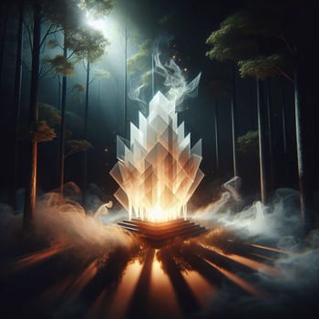 A glowing, crystal structure stands in a dark forest. The structure is geometric and ethereal, with a sense of mystery and magic. The scene is lit by a soft, golden light. A high-quality photo.