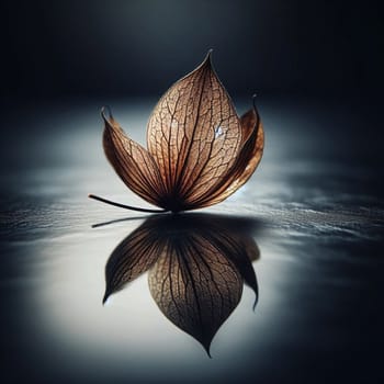 A single, withered flower lies on a reflective surface, its delicate petals reflecting the soft light. The background is a deep blue, creating a sense of tranquility. A high-quality photo.