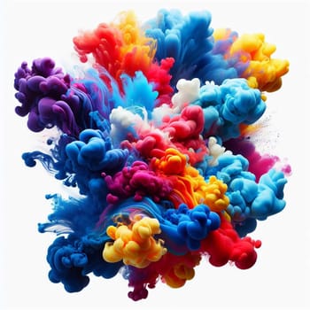 A burst of colorful ink swirling in water, creating a vibrant and abstract design. The ink is a mix of blue, red, yellow, pink, and purple, creating a chaotic effect. A high-quality photo.