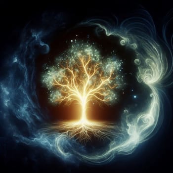 A glowing, golden tree stands against a dark background with swirling clouds and stars. The tree is a symbol of life and hope, emanating a sense of warmth and light. A high-quality photo.