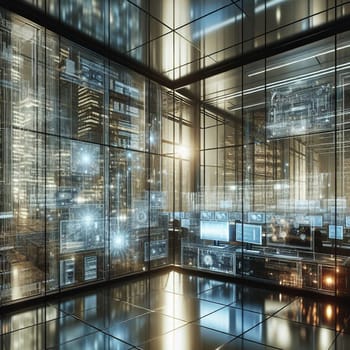 A modern office interior with large windows showcasing a cityscape at night. The windows are displaying digital data and graphics. A high-quality photo.