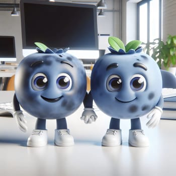 Two cartoon blueberries, holding hands and smiling, sitting on a desk in an office setting. The blueberries are a fun and friendly representation of teamwork and collaboration. A high-quality photo.