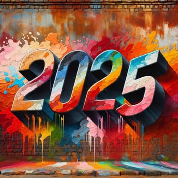 Graffiti artwork on a brick wall, featuring the year 2025 in bold, colorful letters. The letters are dripping with paint, creating a dynamic and energetic effect. A high-quality photo.