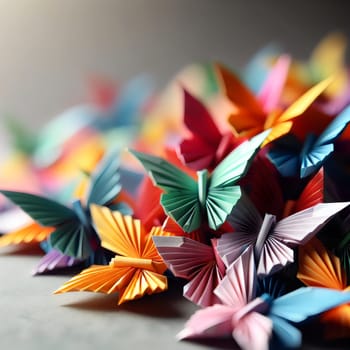 Close-up image of a collection of colorful origami butterflies. The butterflies are arranged in a cluster, creating a sense of beauty and fragility. A high-quality photo.
