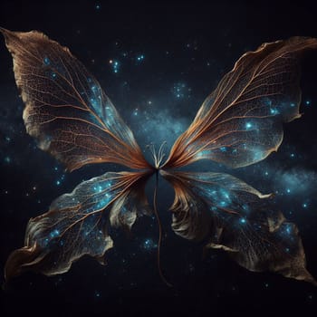 A butterfly with translucent wings, made of delicate veins and filled with stars and galaxies. The butterfly is a symbol of transformation and beauty. A high-quality photo.