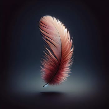 A single, delicate feather with a soft pink hue, floating against a dark background. The feather is a symbol of lightness, grace, and beauty. A high-quality photo.