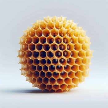 A honeycomb sphere, made of golden wax, isolated on a white background. The sphere is a symbol of nature's intricate patterns and the beauty of order. A high-quality photo.