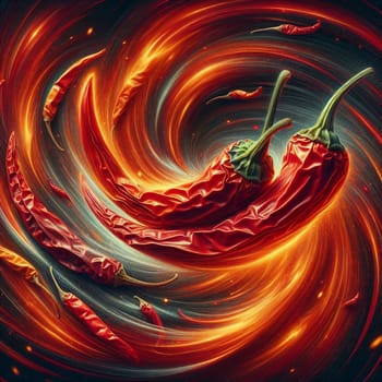 Abstract image of red chili peppers swirling within a fiery vortex. The scene is dynamic and vibrant, evoking the heat and intensity of the peppers. A high-quality photo.