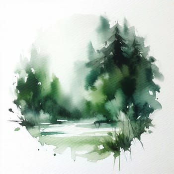 Watercolor painting of a forest scene with trees and a river. The painting is soft and dreamy, with a sense of peace and tranquility. A high-quality photo.