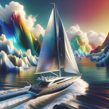 A sleek, white yacht sailing through a surreal, colorful landscape of mountains and clouds. The scene represents a journey of exploration and discovery. A high-quality photo.