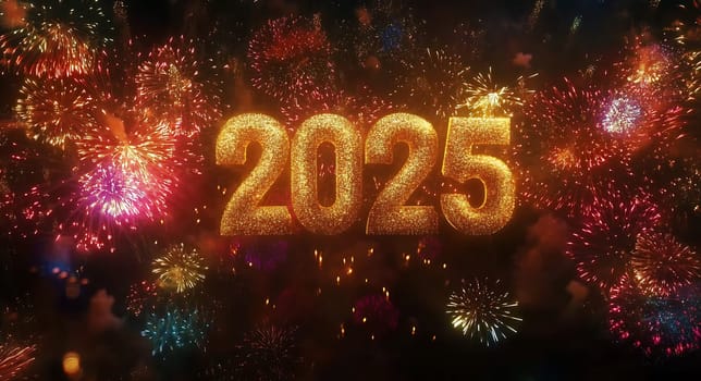 Colorful fireworks burst in the night sky, marking the celebration of New Year's Eve as 2025 glimmers in golden light.