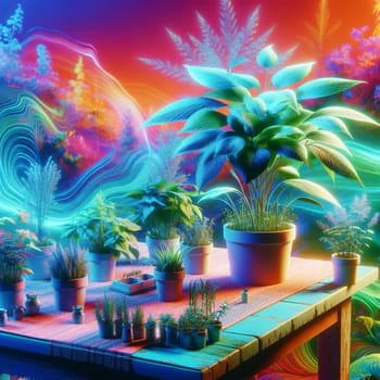 A collection of potted plants on a wooden table, illuminated by a colorful, abstract light. The plants are lush and green, representing nature's beauty and resilience. A high-quality photo.