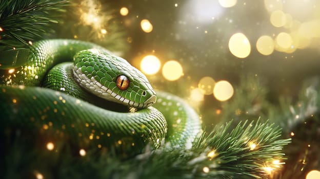 A green snake lies curled amidst rich foliage, glimmering lights creating a magical atmosphere in the background at dusk.