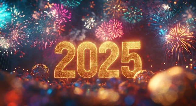 Celebration of the new year is marked with vibrant fireworks bursting in the night sky alongside a sparkling 2025.