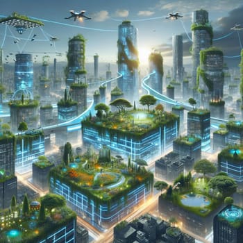 A futuristic cityscape with towering buildings covered in lush greenery. The city is interconnected by glowing pathways, representing the balance between technology and nature. A high-quality photo.