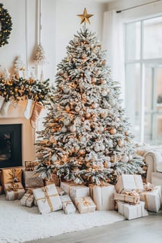 The festive atmosphere of a living room filled with a snowy Christmas tree and carefully wrapped gifts creates a warm holiday cheer.