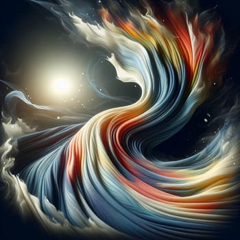 Abstract image of swirling, colorful fabric against a dark background. The fabric is flowing and dynamic, creating a sense of movement and energy. A high-quality photo.