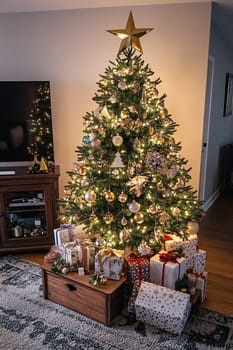 A Christmas tree decorated with golden ornaments and lights stands proudly in a cozy living room, surrounded by colorful wrapped gifts.