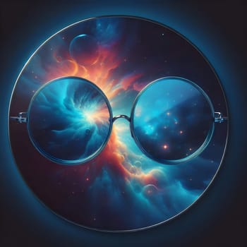 Pair of round glasses with a galaxy reflected in the lenses. The galaxy is vibrant and colorful, creating a sense of wonder and mystery. A high-quality photo.
