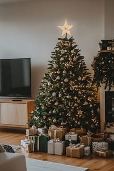 The elegant Christmas tree, glittering with lights and ornaments, stands beside wrapped gifts in a warm and inviting living room.