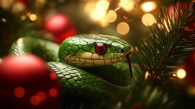 A green snake is nestled among pine needles and shiny ornaments, capturing the essence of the holiday spirit in nature.