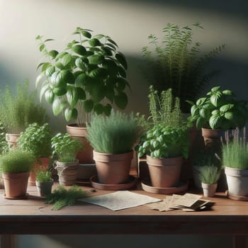Still life of various potted herbs on a wooden table. The herbs are lush and green, creating a sense of freshness and vitality. The scene is lit by a warm, natural light. A high-quality photo.