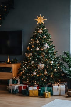 The space features a stunning Christmas tree with ornaments and lights, surrounded by wrapped presents and holiday decor.