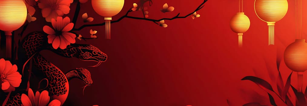 The artwork showcases intricate lanterns and a snake intertwined with flowers, creating a festive atmosphere perfect for celebrations.