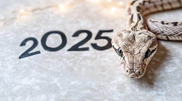 A snake is positioned thoughtfully around the number 2025, with decorative lights twinkling behind it, creating a warm atmosphere.