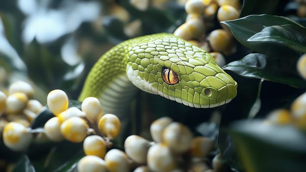 The bright green snake blends seamlessly into the surrounding foliage, highlighting its striking colors and the vibrant flowers nearby.