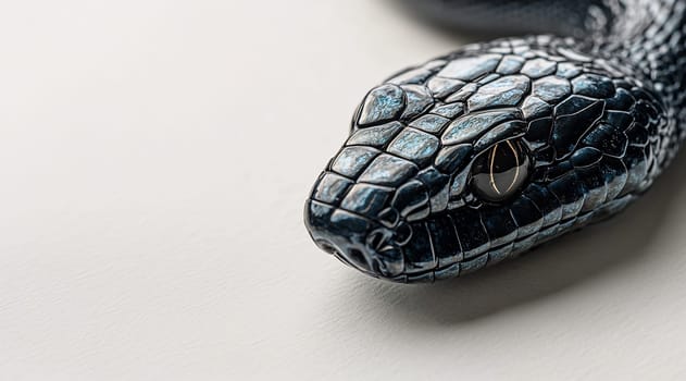 A black snake rests with its head angled, highlighting its striking scales and vivid eye against a soft background in natural light.