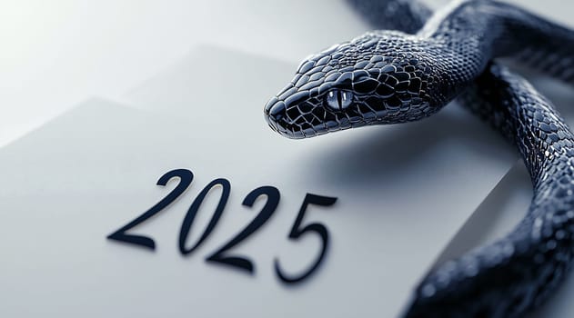 The black snake rests on the calendar page that features the year 2025, symbolizing change and the passage of time.