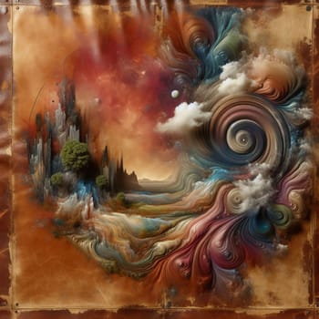 A surreal, abstract painting of a landscape with a swirling sky, a city, and a tree. The scene is a mix of realistic and abstract elements, creating a sense of mystery. A high-quality photo.
