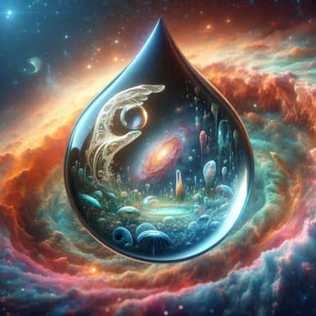 A water droplet with a miniature world inside. The world contains a galaxy, a city, and other fantastic elements, representing the vastness and wonder of the universe. A high-quality photo.