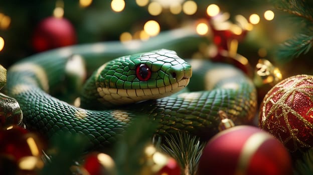 A green snake is wrapped around colorful Christmas ornaments surrounded by holiday greenery, creating a vibrant seasonal display.