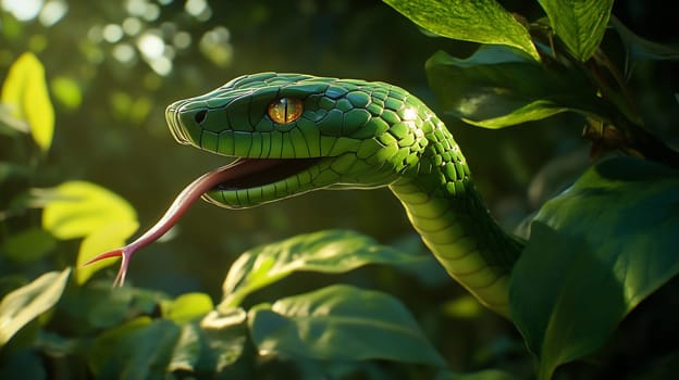 The green snake slithers stealthily among dense leaves, showcasing its vivid scales and striking eyes in the warm, fading light.