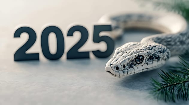 A white snake gracefully rests next to the year 2025, creating a unique contrast with the greenery surrounding it.