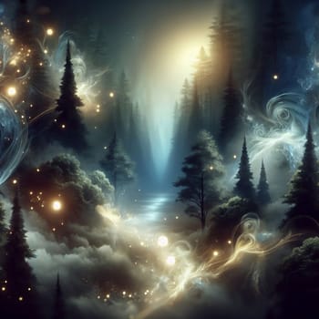 A magical forest scene with glowing lights and swirling clouds. The forest is dark and mysterious, creating a sense of wonder and enchantment. A high-quality photo.