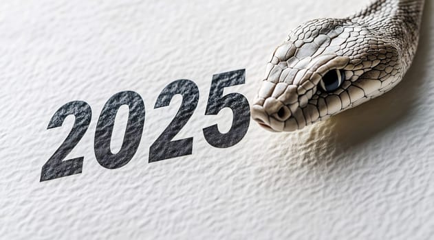 A white snake is positioned near the prominent number 2025 on a textured surface, hinting at themes of change and renewal.