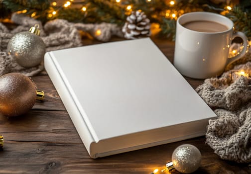 A warm cup of beverage sits beside a blank book, surrounded by festive ornaments and twinkling lights on a rustic wooden table.