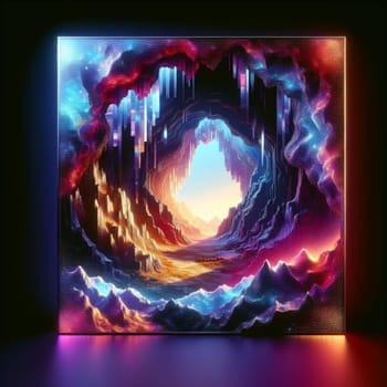 An abstract, digital art piece depicting a futuristic landscape, with a cave opening to a vibrant, colorful world. The scene is a mix of geometric shapes. A high-quality photo.